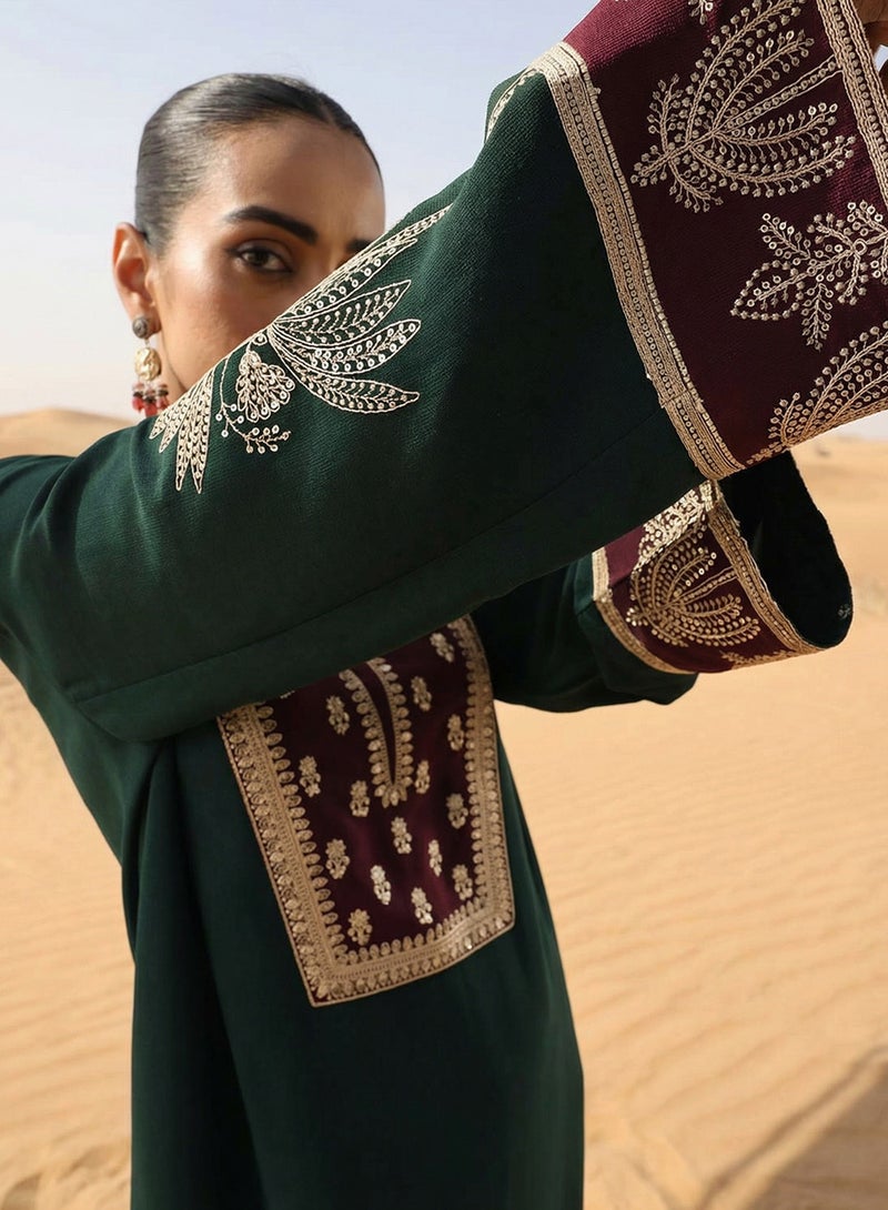 آي شين عباية مطرزة منسوجة خضراء عادية - Image 5